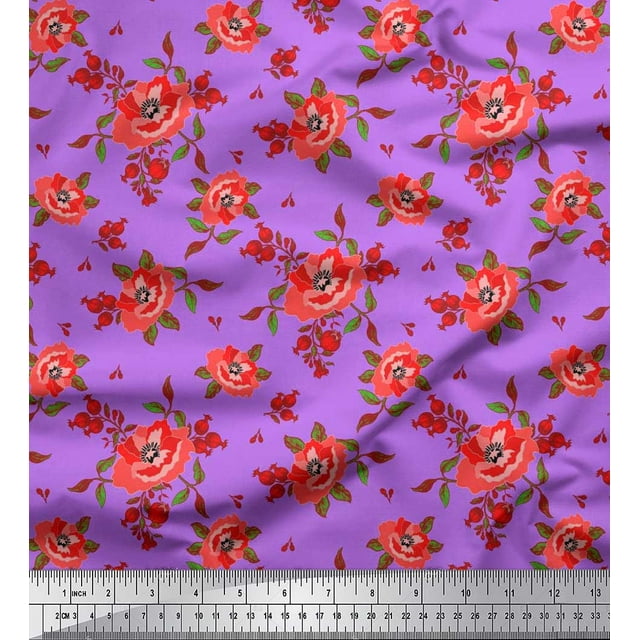 Soimoi Crepe Silk Fabric Leaves & Carnation Floral Print Fabric by the Yard 42 Inch Wide