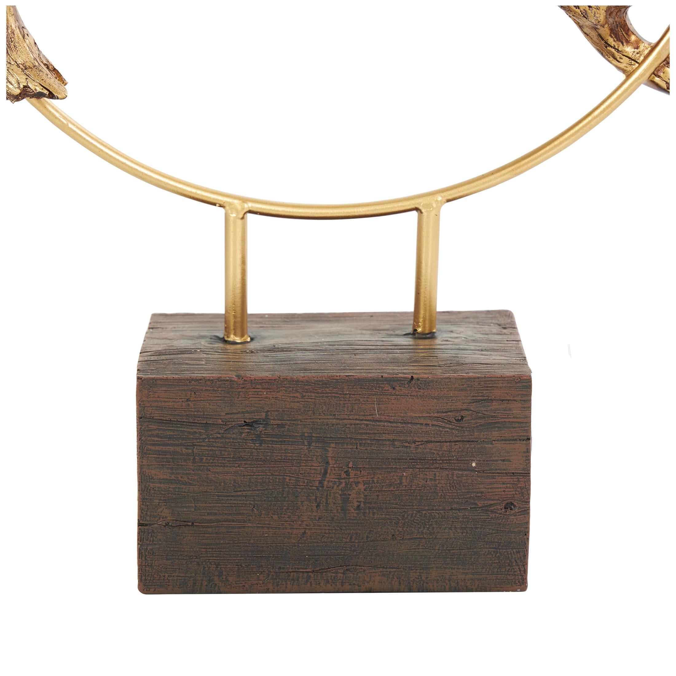 15" x 16" Gold Polystone Family On A Branch Bird Sculpture with Brown Block Base, by DecMode