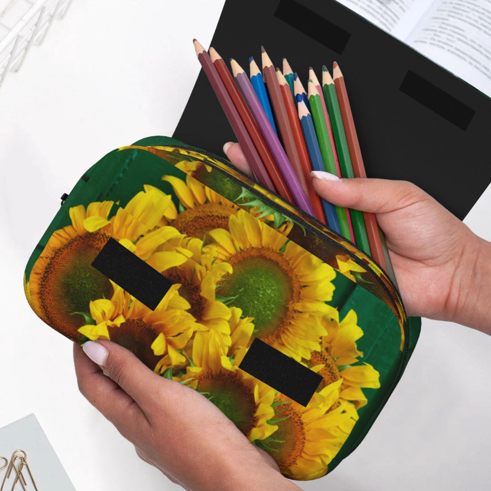 Rateoe Sunflowers in Bucket Pattern Double Clamshell Pen Case, Storage Organizer with Two Zipper Compartments– Holds Up to 50 Pencils & Pens