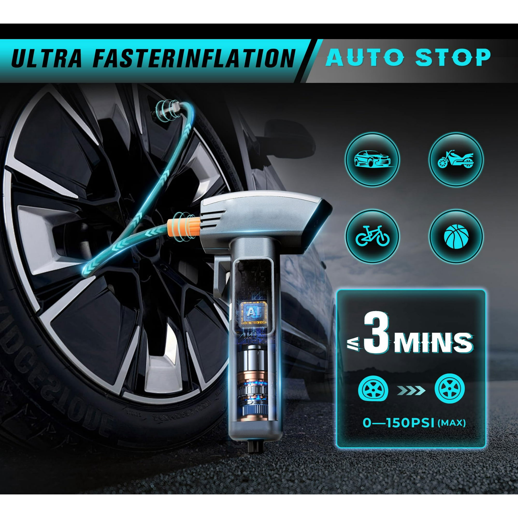 Tire Inflator Portable Air Compressor, 2X Faster 150 PSI Cordless Air Compressor with Digital LCD Pressure Gauge/LED Light/Power Bank, for Car, Motor, Bike, Motorcycle, Ball