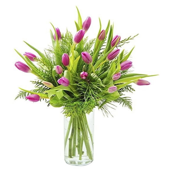 KaBloom : Pink Tulips and Seasonal Greens with Vase, Next-Day Delivery, Gift for Every Occasion
