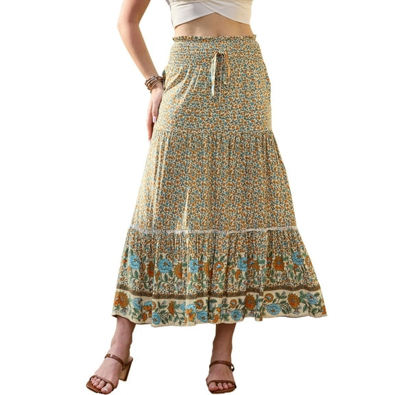 INSPIRE CHIC Summer Maxi Skirts for Women 2026 Bohemian Floral Print Elastic High Waist A Line Beach Skirt S Beige