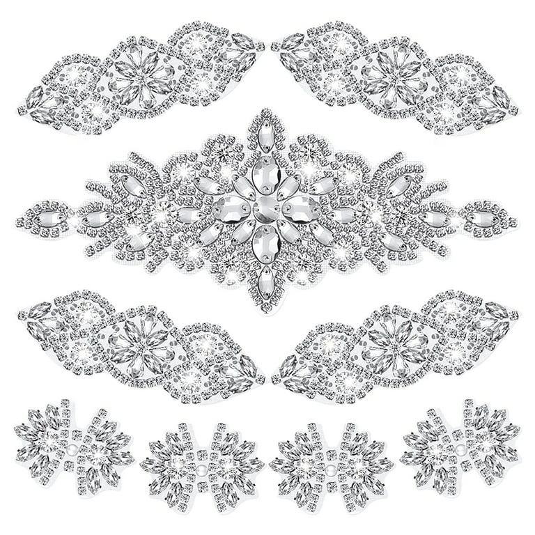 Diamond Shape Silver Beaded Applique with Clear Rhinestones and White –  Floratouch