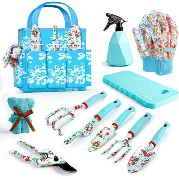10-Piece Gardening Tools Set with Floral Print, Ergonomic Handles & Carrying Case - Premium Garden Kit Includes Trowel, Rake, Weeder, Pruner, Shears, Sprayer for  Ideal Outdoor/Indoor Gardening Gifts