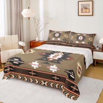 Homewish Western Boho Aztec Twin Sheet Sets for Men, Rustic Mandala Hippie Twin Fitted Sheet, Brown Abstract Flat Sheet, Lightweight Room Decor, 3-Piece