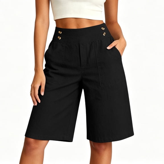 Elvqul Womens Shorts Wide Leg with Pocket Bermuda Shorts Loose Holiday Elastic Waist Beach Solid Shorts for Women