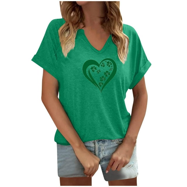 KIHOUT Nouveaux Hauts pour Femmes St. Patricks Day, Haut à Manches Courtes Imprimé Vert Col en V, Taille P-2TG
