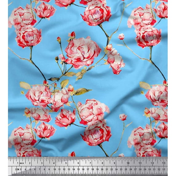 Soimoi Cotton Poplin Fabric Flower & Leaves Watercolor Printed Fabric 1 Yard 42 Inch Wide