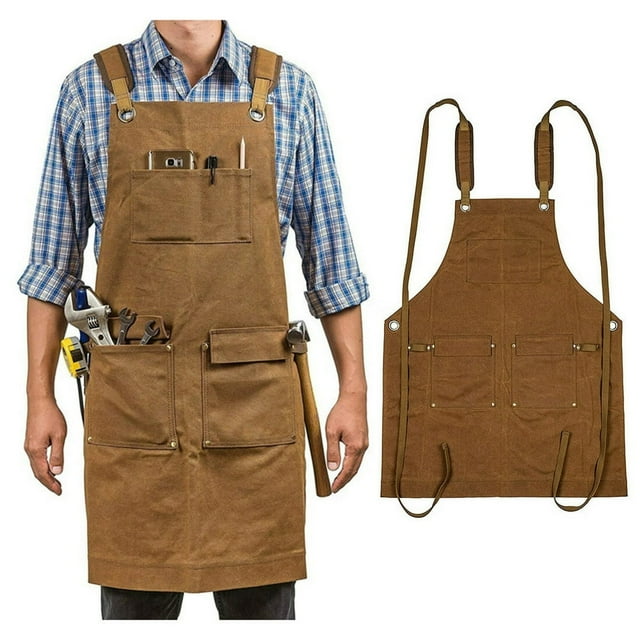 Working Shop Canvas Aprons for Men Women with Pockets Adjustable Tool Apron for Woodworker Brown
