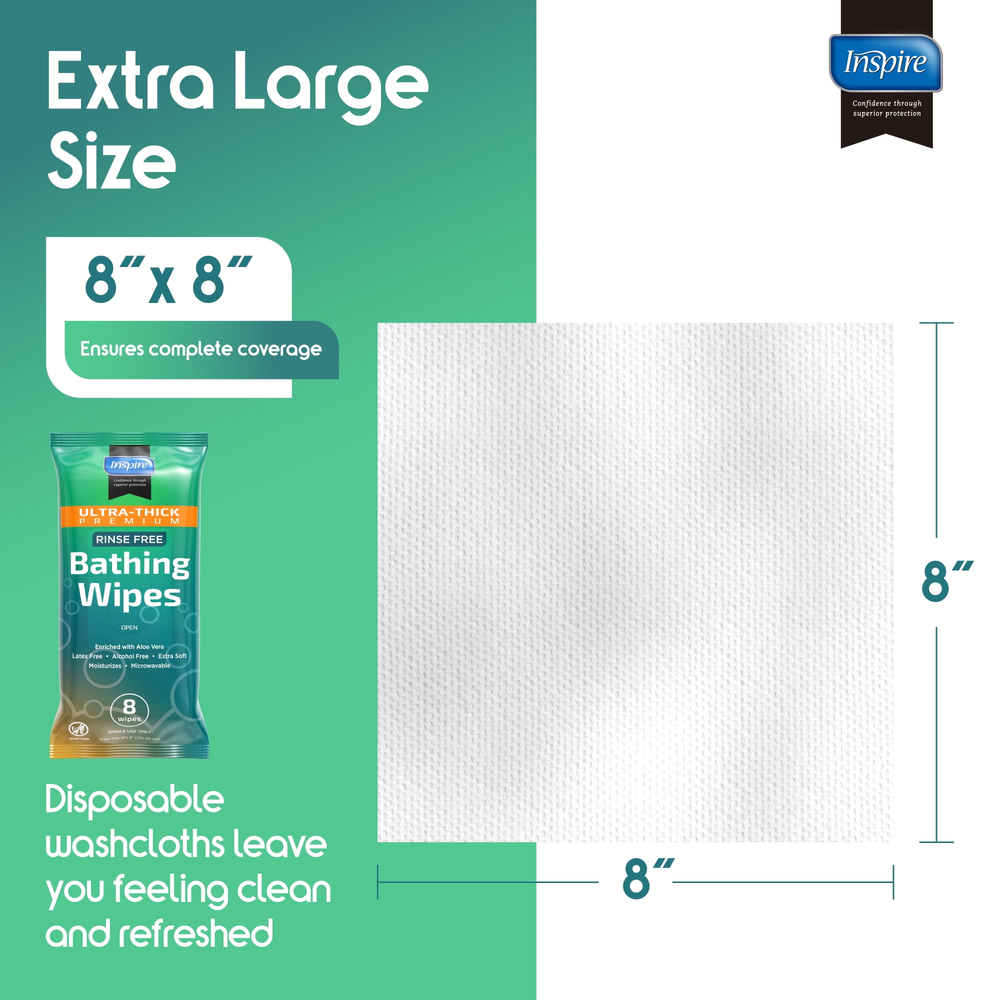 INSPIRE Thick Rinse Free Adults Bathing Wipes- Wet Wipes Thick Strong XL With Aloe, 18 Pack