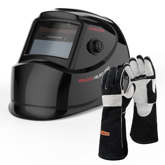YESWELDER Heat-Resistant Leather Work Welding Gloves with Auto Darkening Helmet, 2-Piece Set