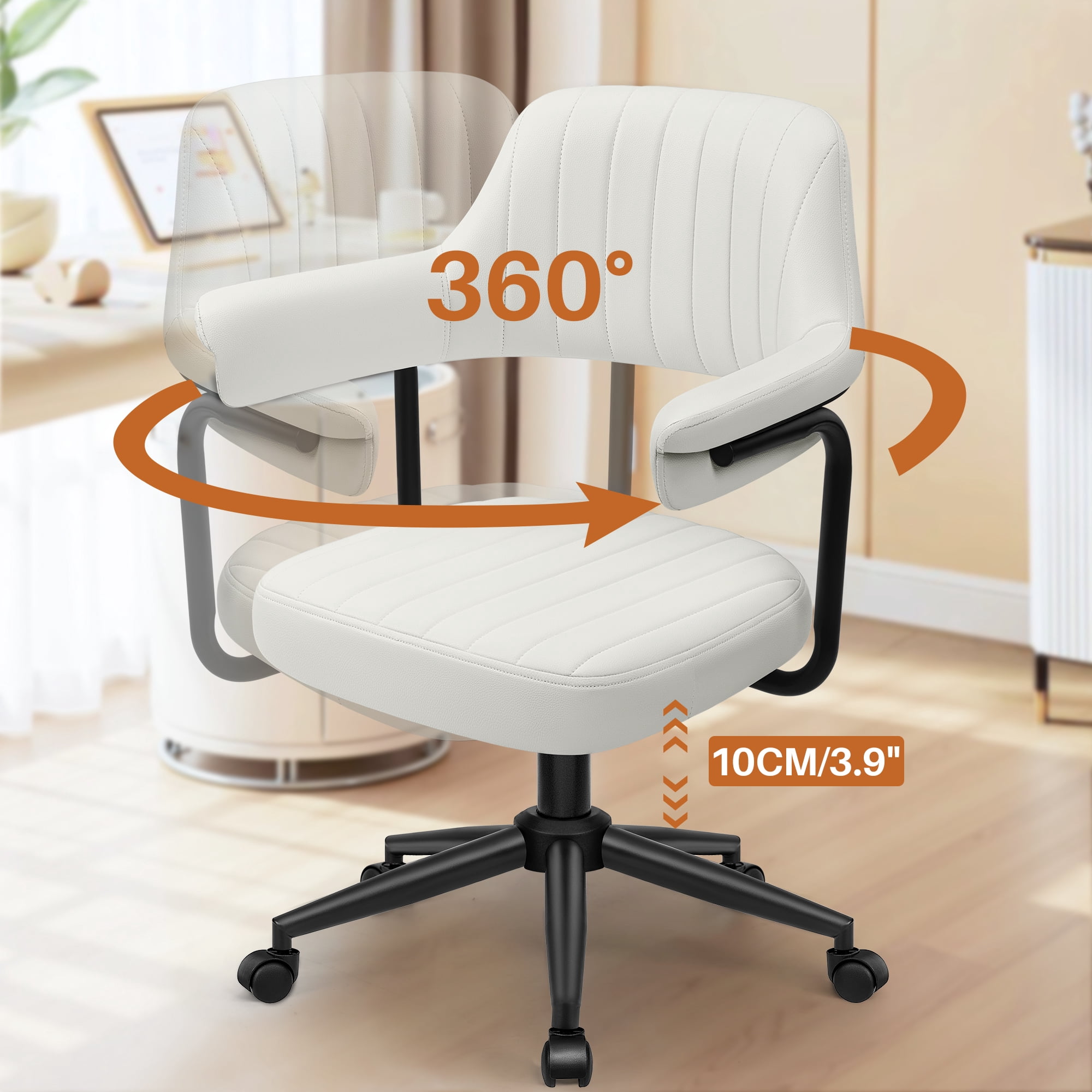 ATHOPE Home Office Chair Set of 2, Executive Small Leather Office Chair, Desk Chair Comfy with Arms, Height Adjustable Swivel Computer Chair with Lumbar Support, White