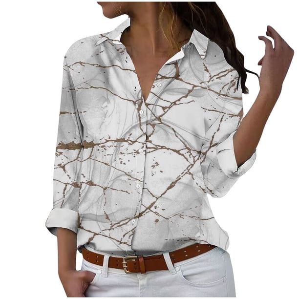 Camisetas de Mujer Casual, Manga Larga Impresa Solapa Botón Arriba Blusa, Ajuste Regular Poliéster Superior