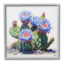 Stupell Industries Blue Cactus Blossoms Botanical & Floral Painting Gray Framed Art Print Wall Art, 17 x 17