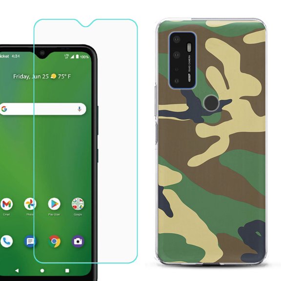 Shockproof Bumper Phone Case for AT&T Radiant Max 5G / Fusion 5G, with Tempered Glass Screen Protector, by OneToughShield ® - Camo Green