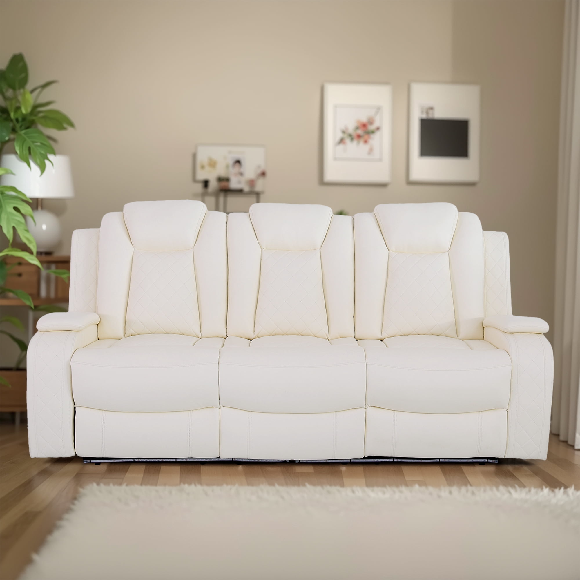 MAYEERTY White Breathing Leather 3-Piece Living Room Recliner Sofa