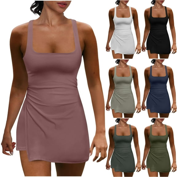 lcziwo Tennis Dress with Built in Shorts for Women Square Neck Racerback Athletic Golf Dress Yoga Workout Skort Dress Athletic Outfits Navy L