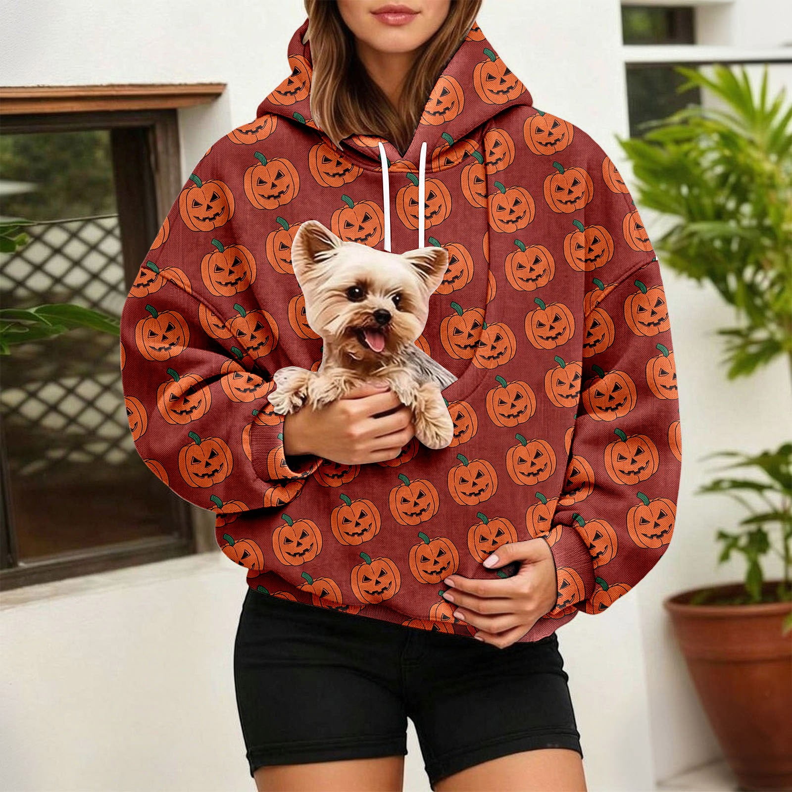 Angala Halloween Puppy Pouch Hoodie for Women Hooded Sweatshirt Cozy Loungewear for Pet Enthusiasts Relaxed Daily Wear