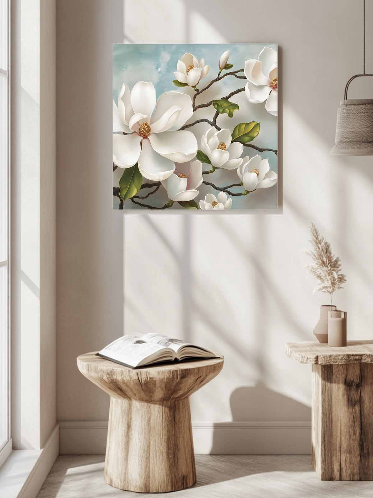 Magnolia Farmhouse Canvas Wall Art, White Floral Vintage Pastoral Botanical Framed Wall Decor Modern Artwork Prints Painting for Living Room, Bedroom, Kitchen & Cafe Decor 28x28 Inch