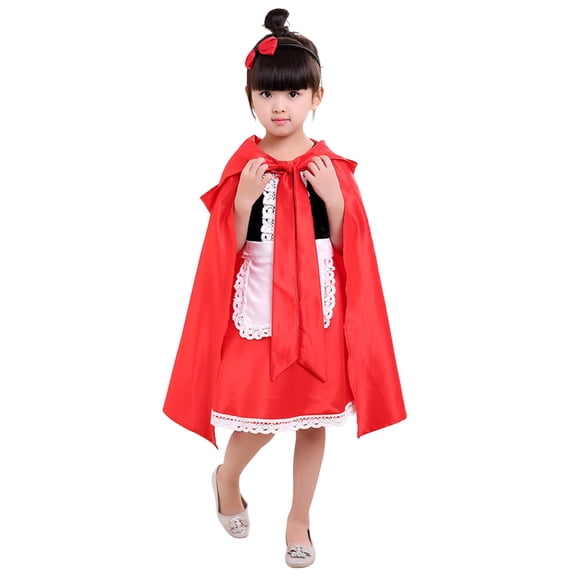 Little Red Riding Hood Cosplay, Little Red Riding Hood Costume Cape Dress With Apron and Pumpkin Bag Fairy Tale Halloween Outfit for Fall Festival-Skirt Cloak Hairpin Apron Bag, Red 100