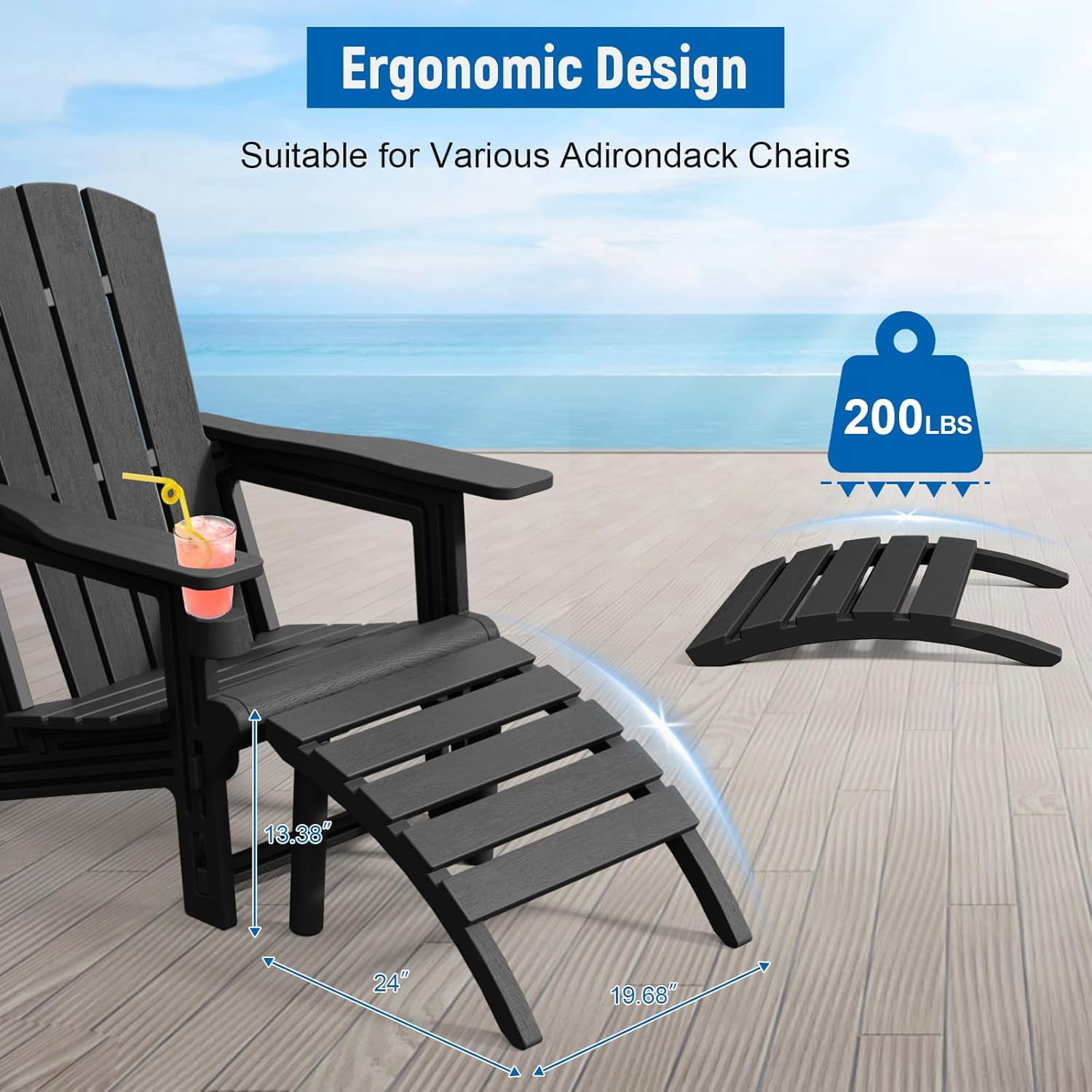 Adirondack Ottoman, HDPE Plastic Adirondack Chair Footstool, All Weather Outdoor Footrest for Patio, Backyard, Lawn, Fire Pits, Black