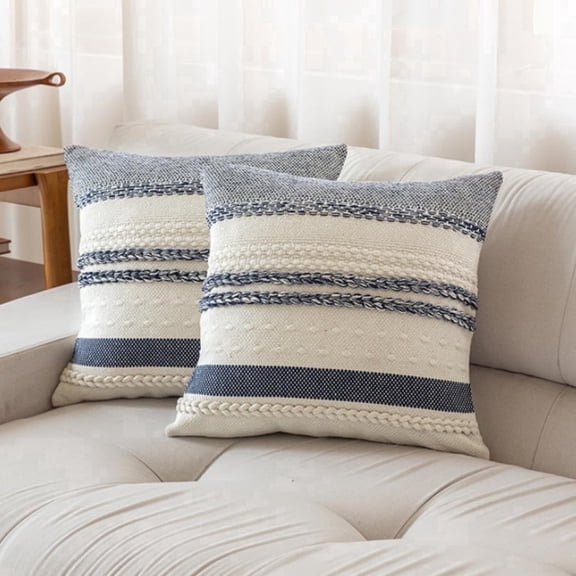 FTCBJJA Neutral Decorative Square Throw Pillow Covers Set of 2, Navy Blue and Off White Embroidery Striped Decor Pillowcases, Cushion Cover for Couch Sofa Bed, 18x18 Inches