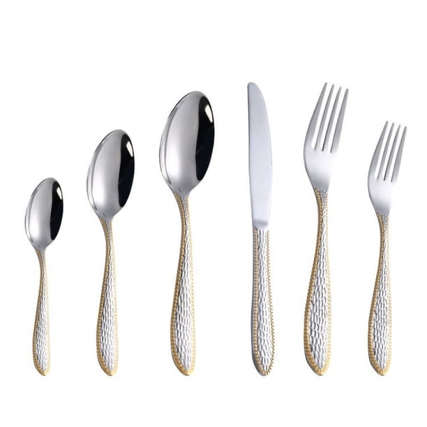 Juego de 6 piezas, juego de cubiertos de acero inoxidable con borde dorado, juego de cubiertos para juegos para el hogar, cocina, restaurante, hotel