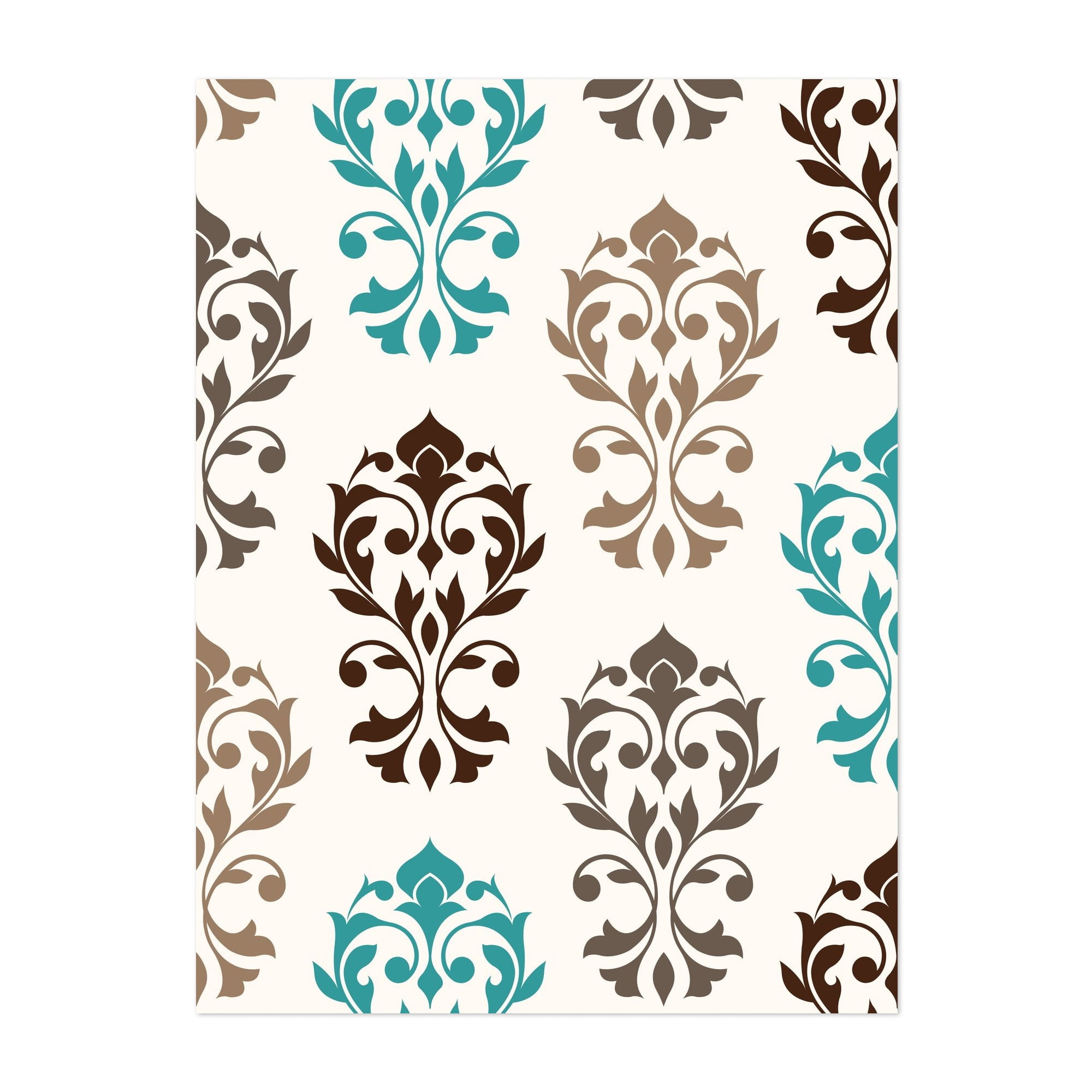 Heart Damask Art Browns Teals Cream - Digital Art Pattern Floral Art Deco Geometric Vintage Modern Art Minimalist Unframed Wall Art Print 5 x 7 inches