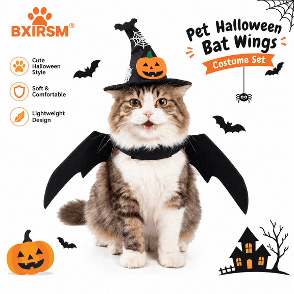 Pet Halloween Bat Wings Costume Set with Pumpkin Witch Hat,Adjustable Felt Cosplay for Cats Small Dogs
