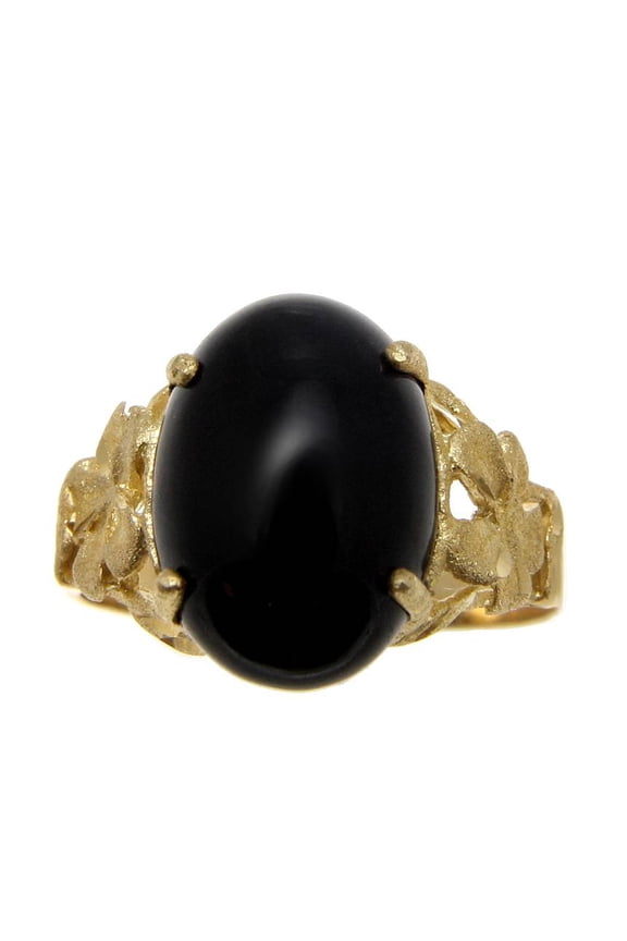 Genuine natural black coral ring Hawaiian plumeria flower 14k yellow gold size 11