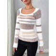 thumbnail image 6 of Women'S Pullover Striped Knit Square Neck Sweater Color Block Long Sleeve Cute Trendy Fuzzy Sweaters Brown XS, 6 of 10