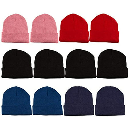 Yacht & Smith 12 Pack Kids Winter Beanie Hat Assorted Colors Bulk Pack Warm Acrylic Cap (Assorted B)
