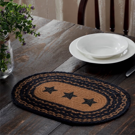 VHC Brands Farmhouse Star Dining Table Placemat, Braided Jute, Oval, Black Tan, 12x18