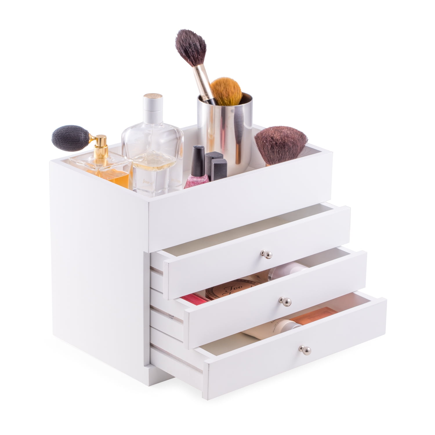 White Wood Makeup Case with 3 Drawers and Open Top. Vinyl Lined for 
