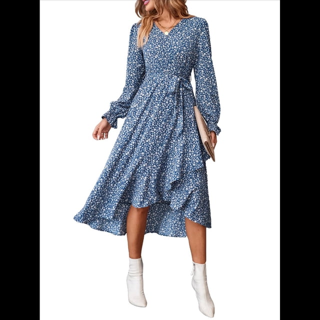 Vestido Maxi Bohemio Floral de Verano para Mujer, Cruzado, de Larga, con Cuello en V y Volantes, Corte A, Fluido, para Invitadas de Boda. Azul M