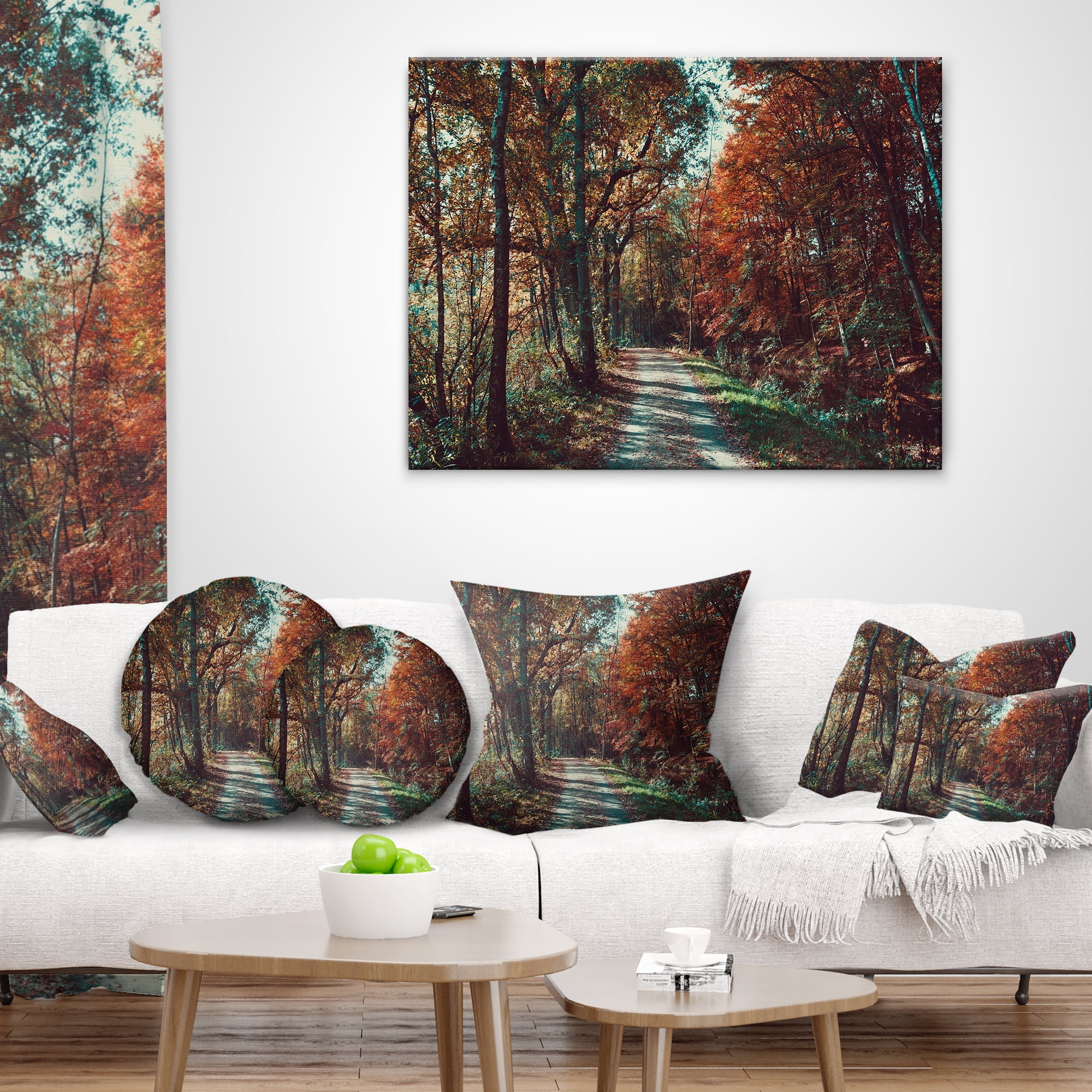 Designart Road Through Red Fall Forest - Landscape Photo Throw Pillow - 12x20