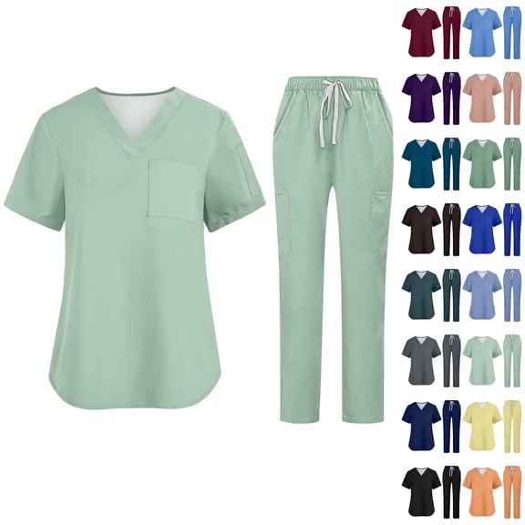 Nurse Scrubs for Women Set Short Sleeve V Neck Medical Scrub Tops and Cargo Wide Leg Pants Solid Breathable Wrinkle-Resist 2 Pieces Outfit, S