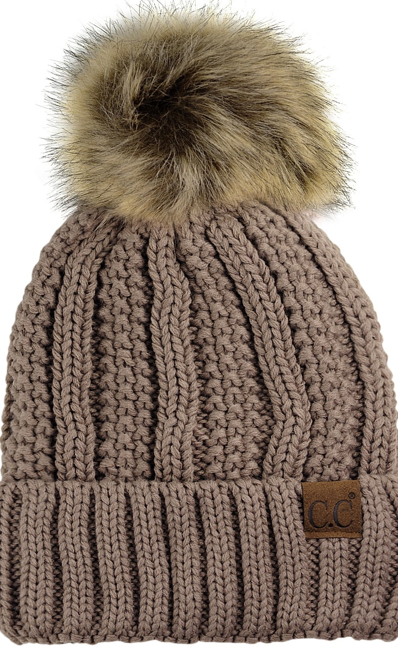 #Beige C.C Thick Cable Knit Faux Fuzzy Fur Pom Fleece Lined Skull Cap Cuff Beanie