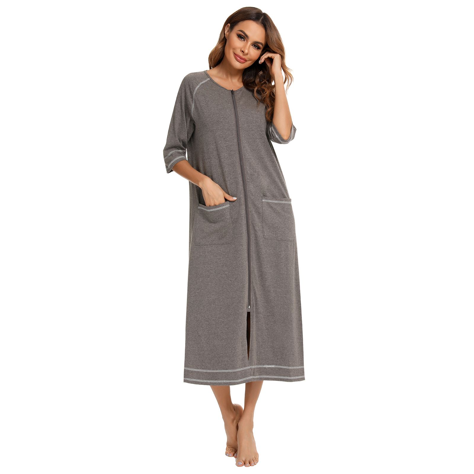LOFIR Women Zipper Front Robes 3/4 Sleeve Loungewear Pockets Nightgown Loose-Fitting Ladies Long Sleepwear(Grey,L) - image 3 of 7