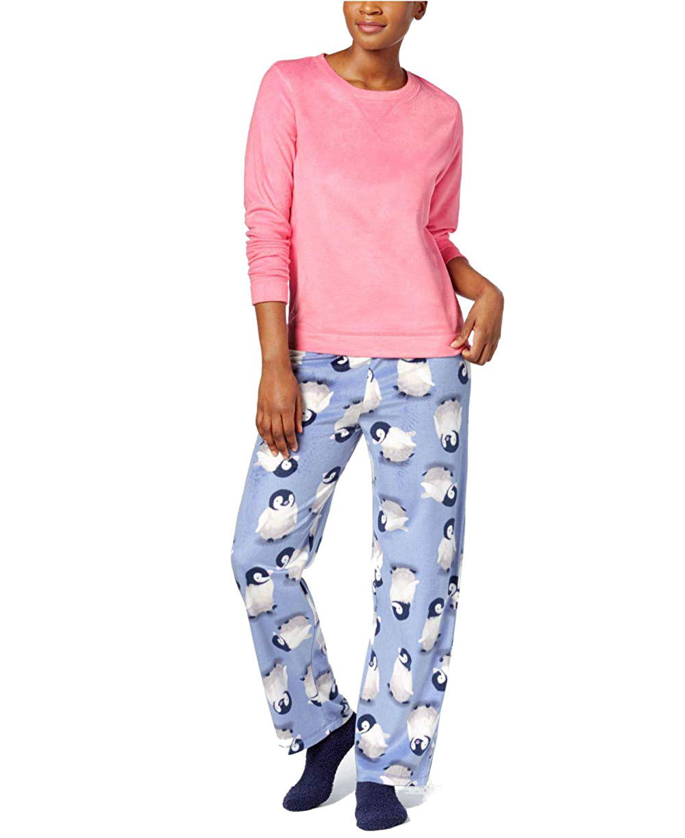 HUE Womens Sueded Fleece Long Sleeve Tee and Pant 3 Piece Pajama Set 