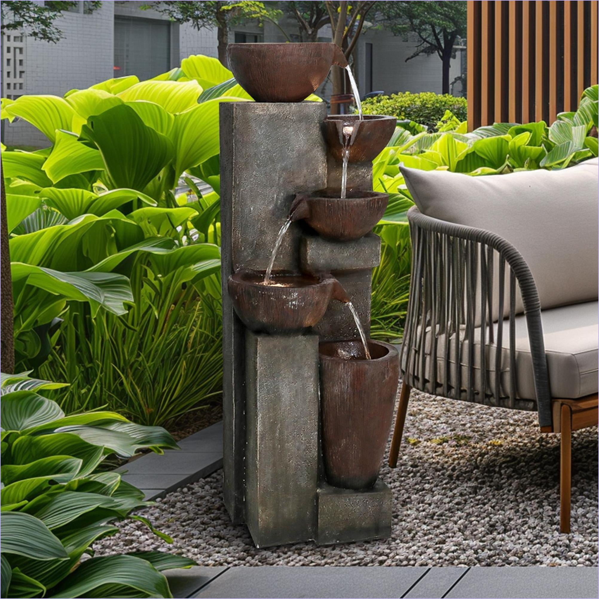 Fountains 39.7 Inch Modern 5-Tier Outdoor Water Fountain for Garden Patio, with LED Lights | Resin | Tiered Fountain