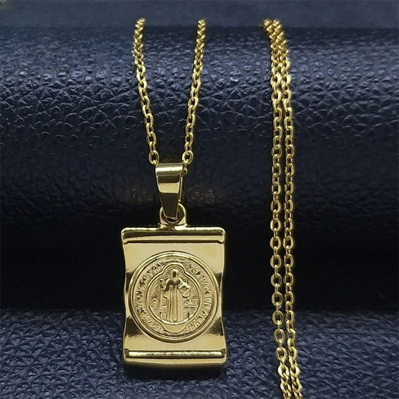 Saint Benedict Medal Pendant Necklace 14K Yellow Gold Cross Necklaces Long Beads Jewelry San Benito Medalla