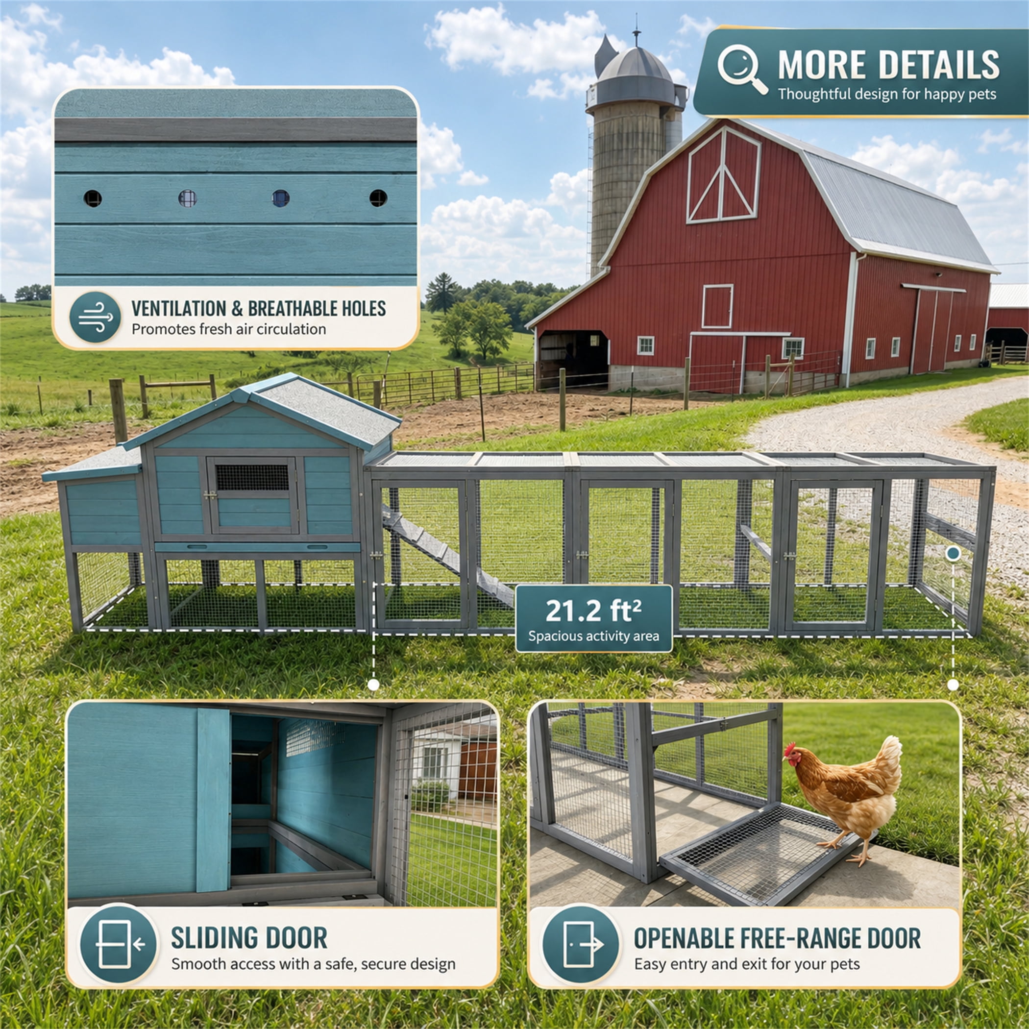 Aukfa 141" Extra Long Chicken Coop Wooden 2 Tier Chicken Run Cage with Nesting Boxes, UV Panel, Free-range Door for Outdoor, Backyard, Blue Gray