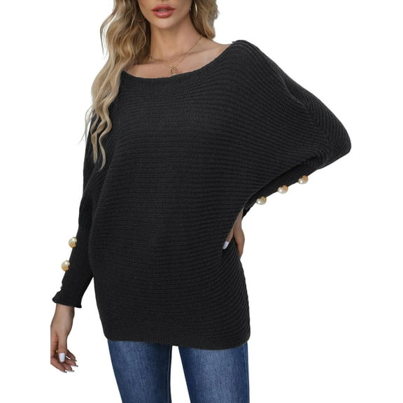 Women'S Off Shoulder Long Sleeve Solid Color Knitted Sweater Casual Loose Fall Trendy Pullover Tops Black M