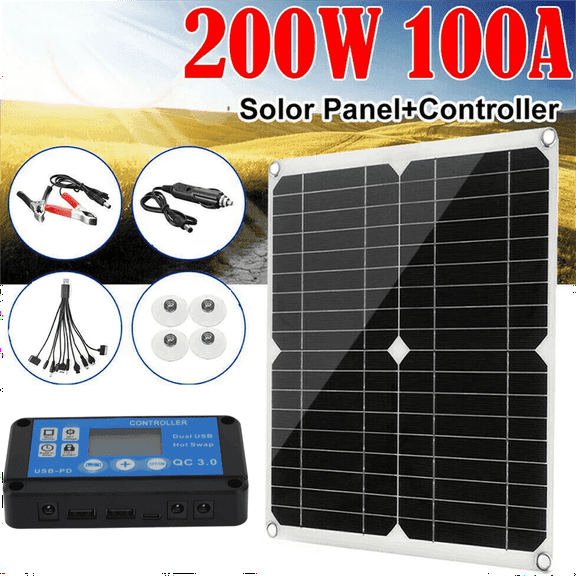 200W Solar Panel Kit, 18V 100A Solar Charge Controller Dual USB Outputs Portable Waterproof Solar Panel Set for Boat Camping Motorcycle Home Outdoor Lights RV Camera Generators