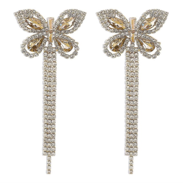 1 par de aretes de cadena de garra de lujo ligeros con diamantes de imitación y borlas de mariposa. Temperamento Versa. Color champán. Código de producto: 65752. Color champán.