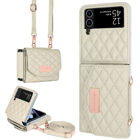 for Samsung Galaxy Z Flip 4 Crossbody Wallet Case, With Kickstand,Stylish Purse Flip PU Leather Handbag Case with Card Slots and Detachable Shoulder Strap for Samsung Galaxy Z Flip 4,White
