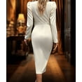 thumbnail image 4 of Dress for Women Round Neck Solid Color Side Split Bodycon Cocktail Long Sleeve Party Midi Dress Color L, 4 of 7