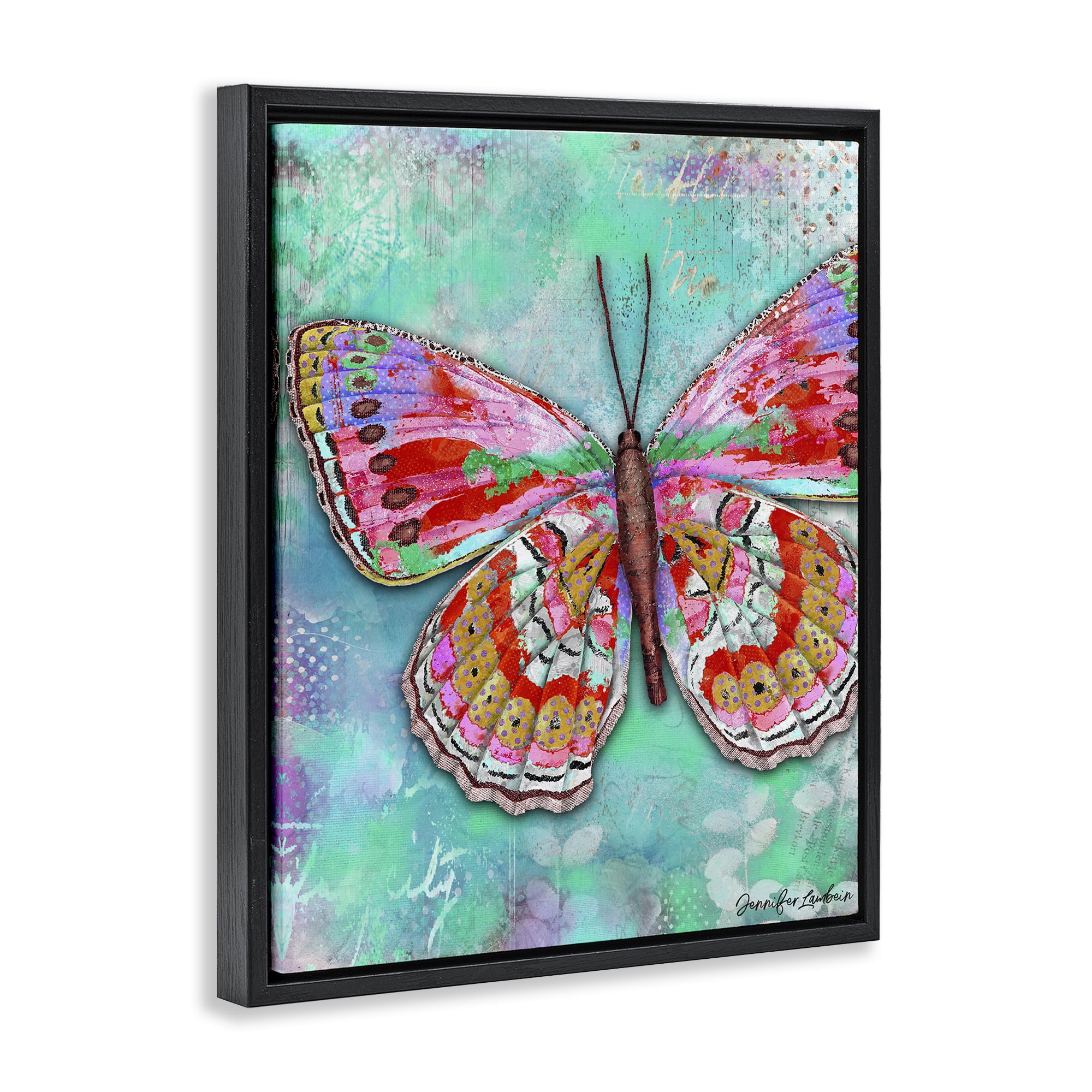 Stupell Industries Cherry Mint Butterfly Animals Painting Black Floater Framed Canvas Art Print Wall Art, 17 x 21