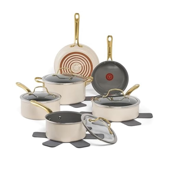 T-fal Batería de cocina Preserve, Ollas y Sartenes antiadherentes de cerámica, 13 piezas, Sin PFOA y PTFE, Apto para horno, C494SD63